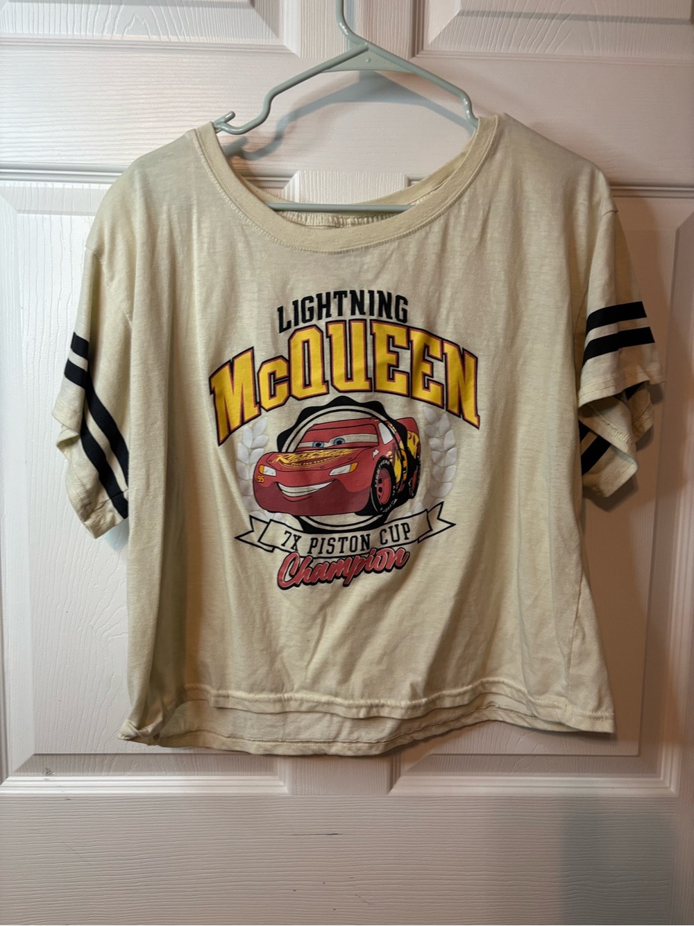 Disney Cream Lightning McQueen Crop Top Tee with Red and Yellow Graphic